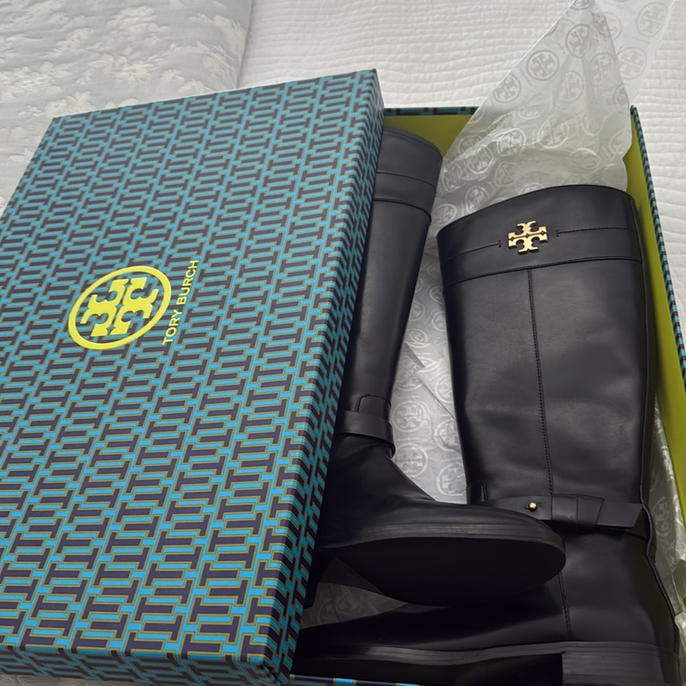 Tory Burch Black Leather Boots with Gold Accents - Picture 9 of 9